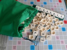 GREEN SCRABBLE LETTERS TILES BAG  Drawstring, marbles  Handmade cotton fabric i
