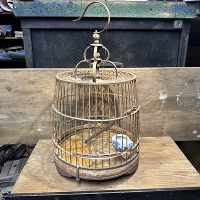 Vintage asiatischer Vogelkäfig Bambus Holz hängend Porzellan Futternapf oval/Metallhaken