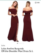 Lulus Aveline Burgundy Off-the-Shoulder Maxi Dress Side Slit Zip Size L