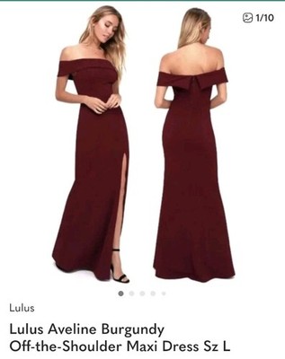 Lulus Aveline Burgundy Off-the-Shoulder Maxi Dress Side Slit Zip Size L
