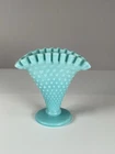 Vintage Fenton 1950s Turquoise Blue Hobnail Milk glass mini-Fan Vase