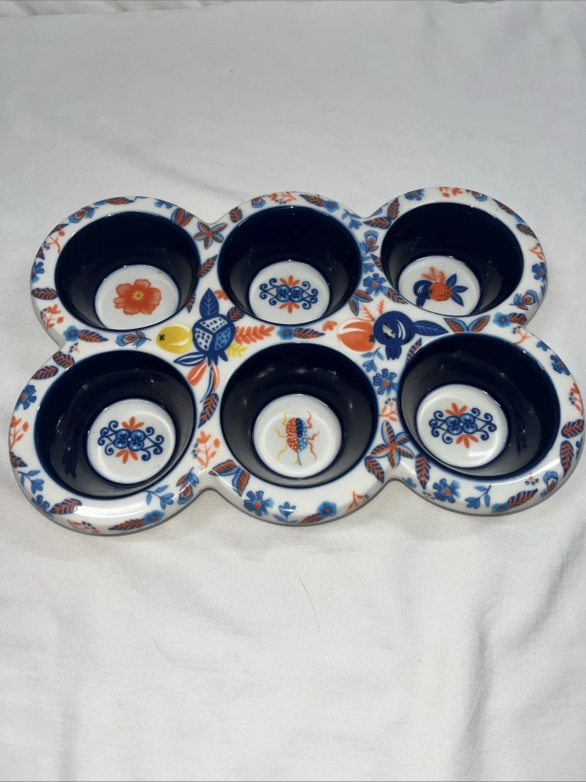 Potter's Studio ceramic painted floral Fruit & Bug 6 Cupcake/Muffin Pan Dish