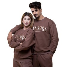 Chocolate Brown Embroidered Pullover Sweatshirt  Unisex Cotton Crewneck sweater