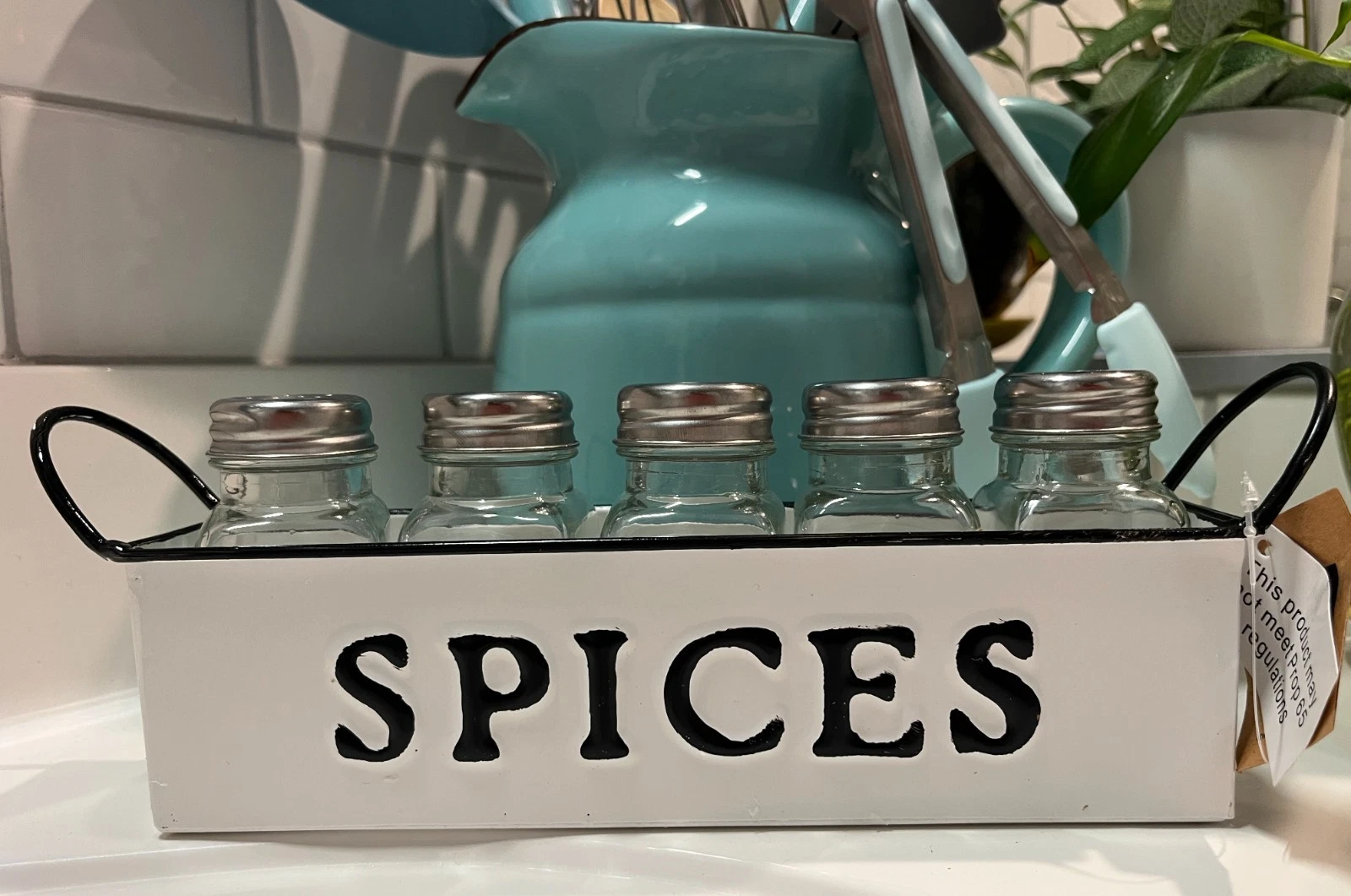 Farmhouse Spices Shakers & Caddy Set - 5 Glass Shakers with Metal Holder