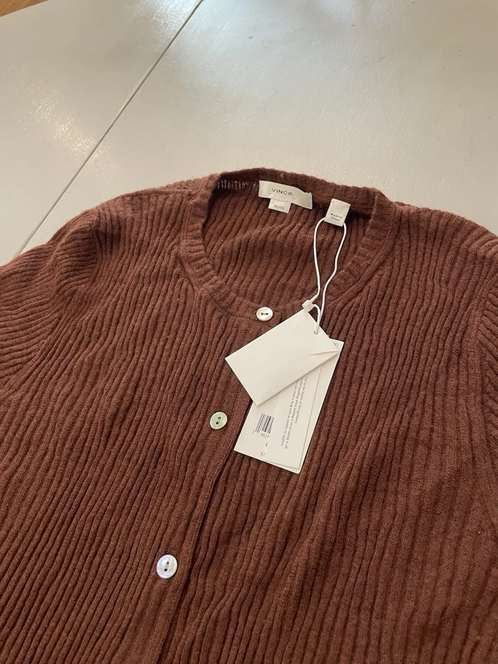 Cárdigan Vince Cashmere Seda Acanalado Marrón Botón Frontal Manga Larga Mujer XL Foto 2 de 4