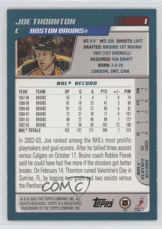 2003-04 Topps Blue /500 Joe Thornton #1 HOF - Image 2 of 2