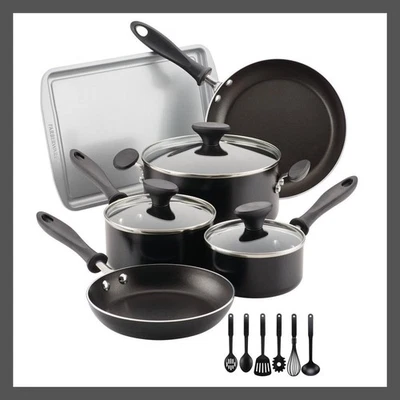 Farberware 15PC Aluminum Cookware Set 350F Black Reliance Prestige Tools Pot Pan