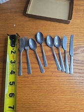 8pc Vintage  Vintage Aluminum Child's Toy Silverware Play Set Made in USA Ribbed