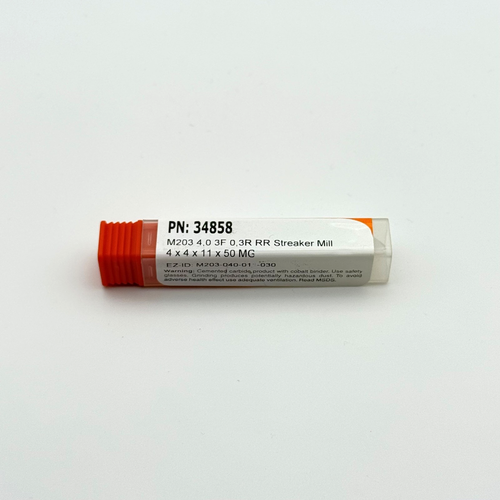 White IMCO label with red text “M203 4.0 3F 0.3R RR Streaker Mill” and orange hazard warnings on a red background.