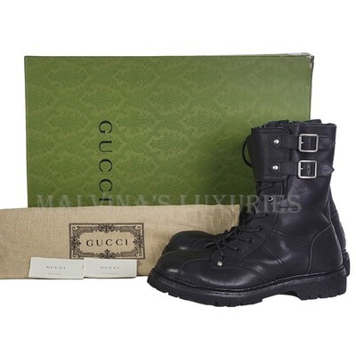 GUCCI BOOTS MENS LACE UP DISTRESSED BLACK LEATHER w LOGO  display picture 3
