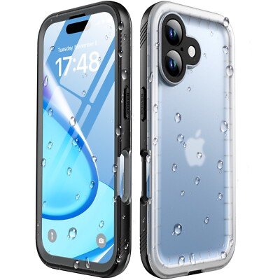 Waterproof Phone Case for iPhone 16 14 13 15 Pro Max Black/Frosted Clear Cover