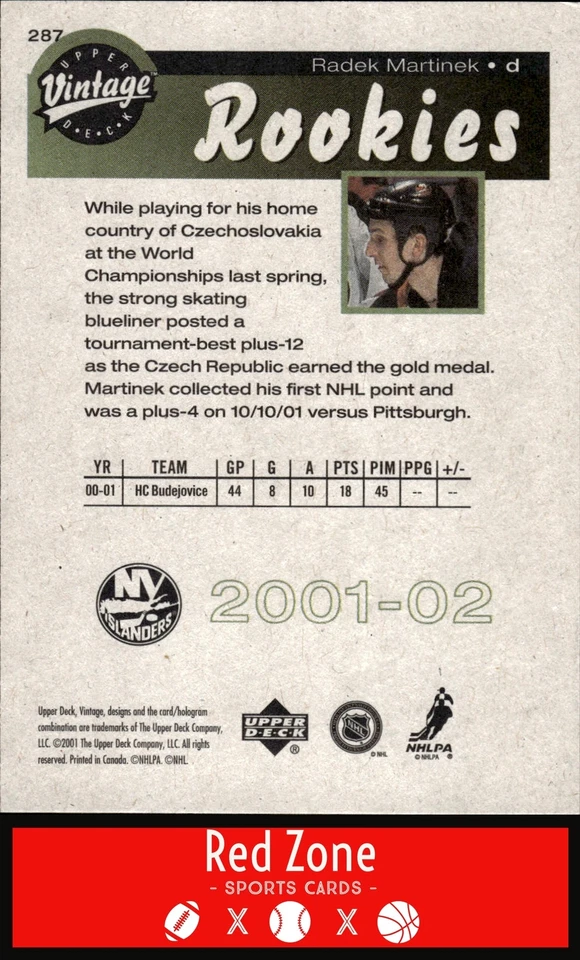 2001-02 Upper Deck Vintage - #287 Radek Martinek NM Set Break. - Image 2 of 2