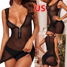 Women's See-through Lingerie Dress Sets Babydoll Sexy Chemise Sheer Mini Dresses
