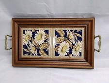 Vintage H & R Johnson Tile  Serving Tea Tray Wood Brass Daisy Flower Art Nouveau