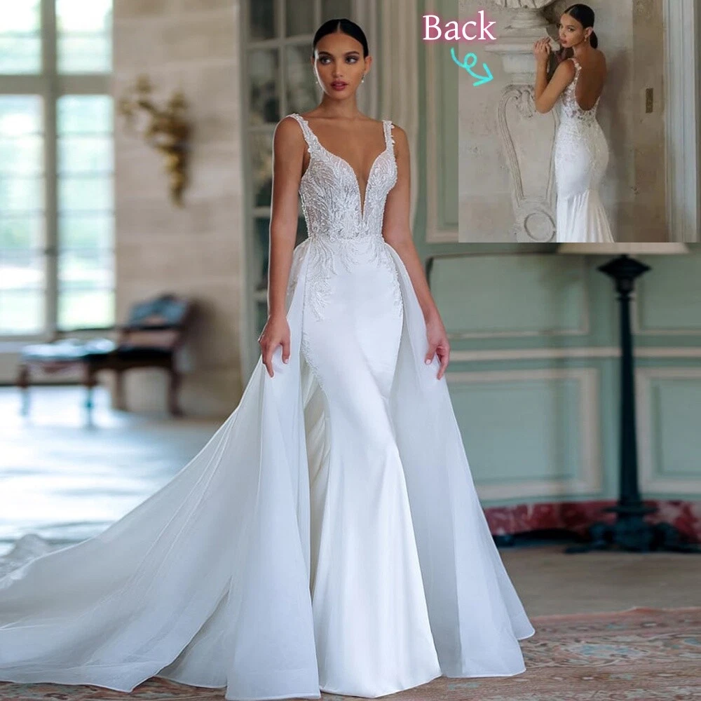 ebay lace wedding dress Princess Tiered Lace Wedding Dresses V-Neck Long Sleeves A Line Bridal Gowns
