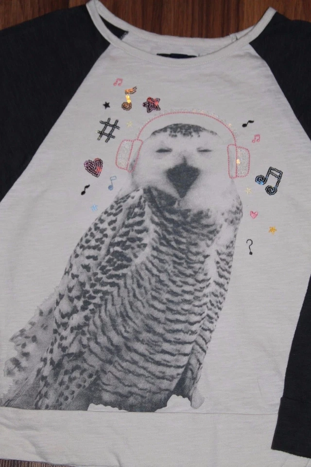 Girl GAP KIDS - WOODLANDS Gray & Cream OWL Graphic Sequin Raglan Shirt Top L 10  - Image 2 of 3