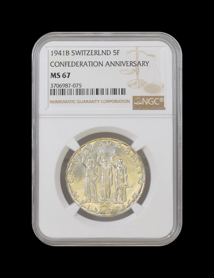 SWITZERLAND. 1941, 5 Francs, Silver - NGC MS67 - Confederation Anniversary - Image 2 of 4