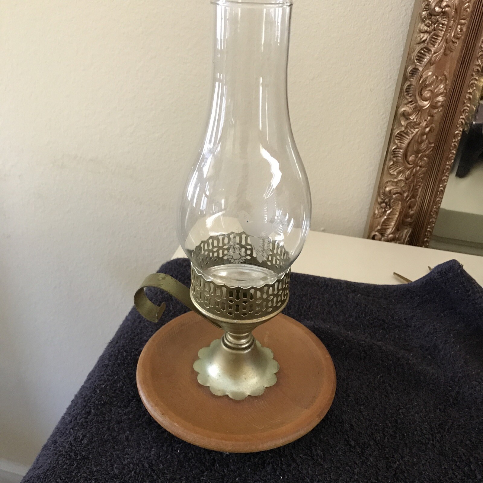 Vintage brass candle holder with wood base and glass hurricane shade