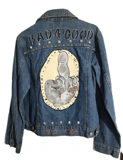 Punk Men Denim Jacket L Blue Jean VTG Button Up Back Patch Middle Finger Rock