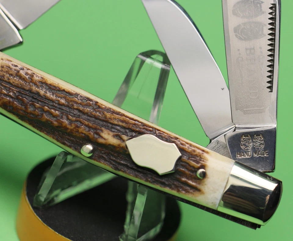 ¡Bonito! Cuchillo de Bolsillo Bulldog Marca 5ta Generación Hecho a Mano Ciervo 3 Hojas Stockman Foto 2 de 4