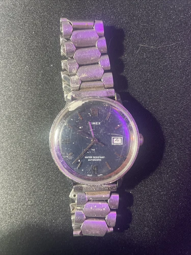 Very Nice 1970’s Timex Viscount Automatic Watch 46551-03274 Dark Blue Dial Runs