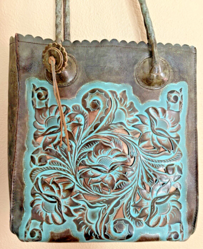 Patricia Nash Turquoise Floral Leather Cavo Boho Tote Bag Purse Hand Tooled