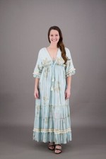 Women's Boho Summer V Neck Floral Embroidered Beach Bell Sleeves Long Dress