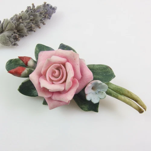 Vintage Pretty Pink Flower BROOCH - Unsigned Capodimonte Porcelain
