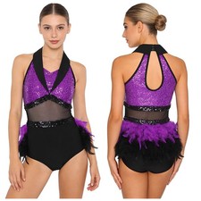 Womens Bodysuit Dance Leotard Costume Jumpsuit Dancewear Sequin Cha-cha Shiny