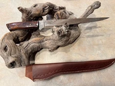 Custom Made 9" Damascus Steel Fillet Fishing Knife & sheath, Rosewood stocks
