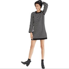 Madewell 100% Merino Wool Button Sleeve Cozy Sweater Dress Striped Black Small