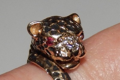 14K GELBGOLD RUBIN AUGE DIAMANT GESICHT EMAILLE KÖRPER PANTHER LEOPARD KATZE WICKELRING