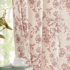 Linen Blend Floral Curtains for Living Room 90 Inches Long Red Printed Rod Po...