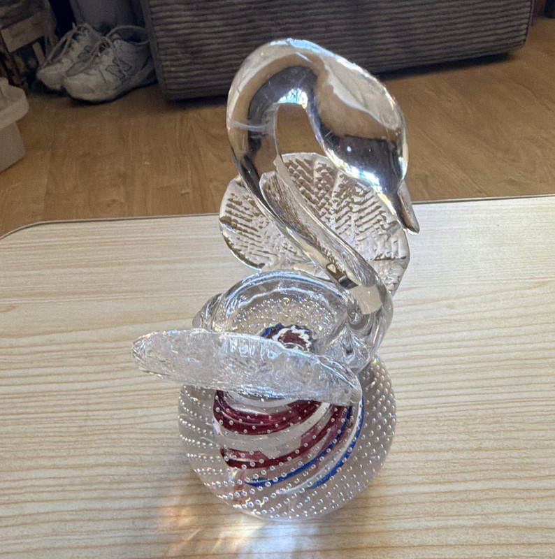 Art Glass Swan Figurine Paperweight Clear Red White Blue Swirl Bubbles