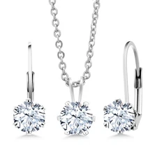 Round White Created Sapphire Rhodium Plated Pendant Earrings Set With Chain