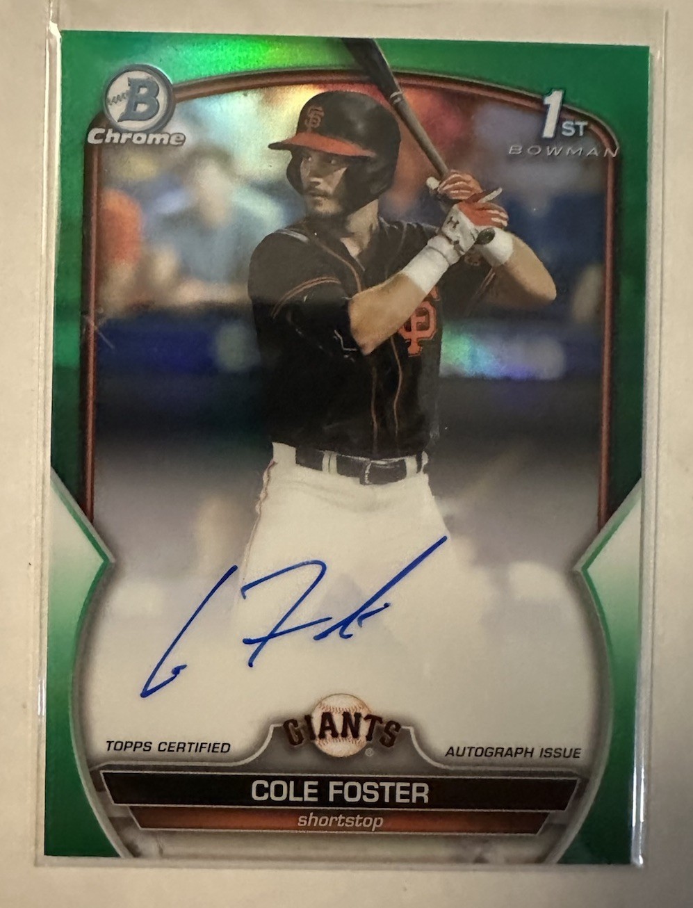 2023 Bowman Draft Chrome COLE FOSTER Green Auto Refractor /99 #CDA-CF Giants RC