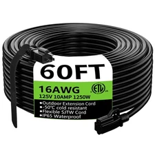 Indoor Outdoor Black Extension Cord 60 ft Waterproof, 16/3 Gauge Flexible Col...