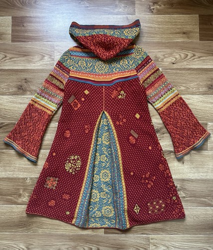 Luxus IVKO extra feine Lammwolle Mantel mit Kapuze Long Cardigan Ethno Blumen Strick S - Bild 1 von 14
