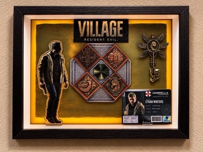 Resident Evil Village 8x10 Shadow box- Key + Medallions + Villain Card + Statue