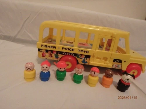 Vintage Fisher Price Little People 192 School Bus With Driver &  7Wooden Figures