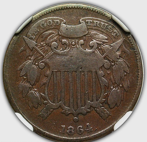 1864 SMALL MOTTO TWO CENT PIECE NGC CHOICE VG 10 NICE & SMOOTH EVEN MEDIUM COCOA