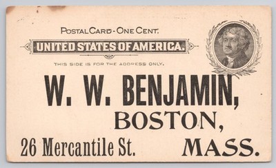 W. W. Benjamin Boston 26 Mercantile St Thomas Jefferson One Cent Postcard