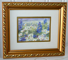 VTG MINIATURE FRAMED MATTED FLORAL ART PRINT DAISIES LARKSPUR GOLD GALLERY