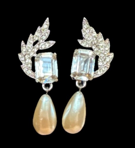 Large Champagne Pearl CZ Drop Earrings Bridal Party or Formal Earrings Clip On