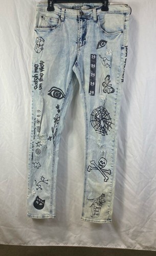 NWT Zumiez Mens Blue Printed Ninth Hall Rogue Light Wash Skinny Leg Jeans Sz 36