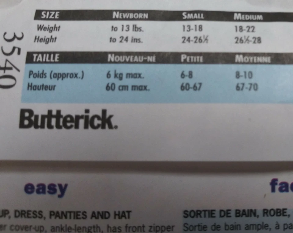 BUTTERICK 3540 Summer/Beach Infant's Cover-Up/Dress/Panties/Hat~NB,S,M~Uncut/New - Image 4 of 4