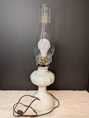 Vintage White Ceramic Electric Lamp W/ Clear Glass Chimney Farmhouse Lighting