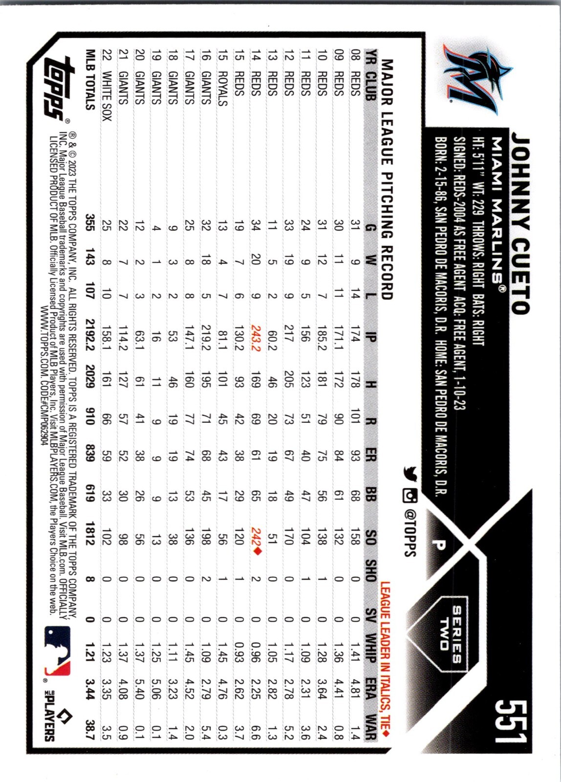 2023 TOPPS SERIES 2 Baseball #551 JOHNNY CUETO RAINBOW FOIL SSP