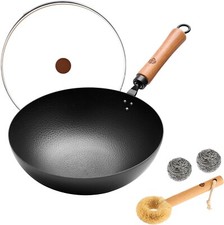 11-Inch Carbon Steel Wok with Wooden Handle Glass Lid - Non-Stick Round Bottom