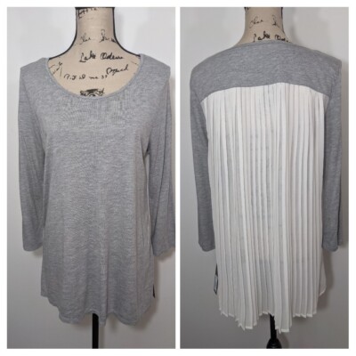 NWT Apt 9 Gray Tunic Sheer Pleated Back Women's 3/4 Sleeve Swing Top Size M